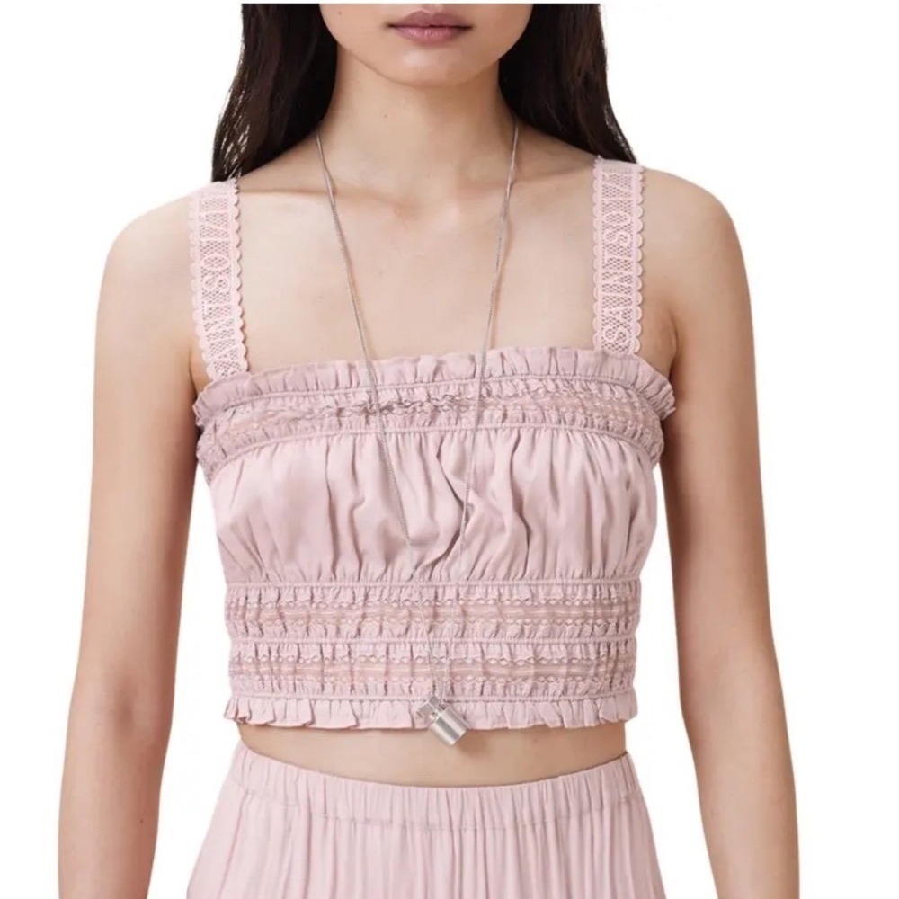 AllSaints Talia Top Blush Pink Lace Trim Smocked Crop Tank US 12 Coquette